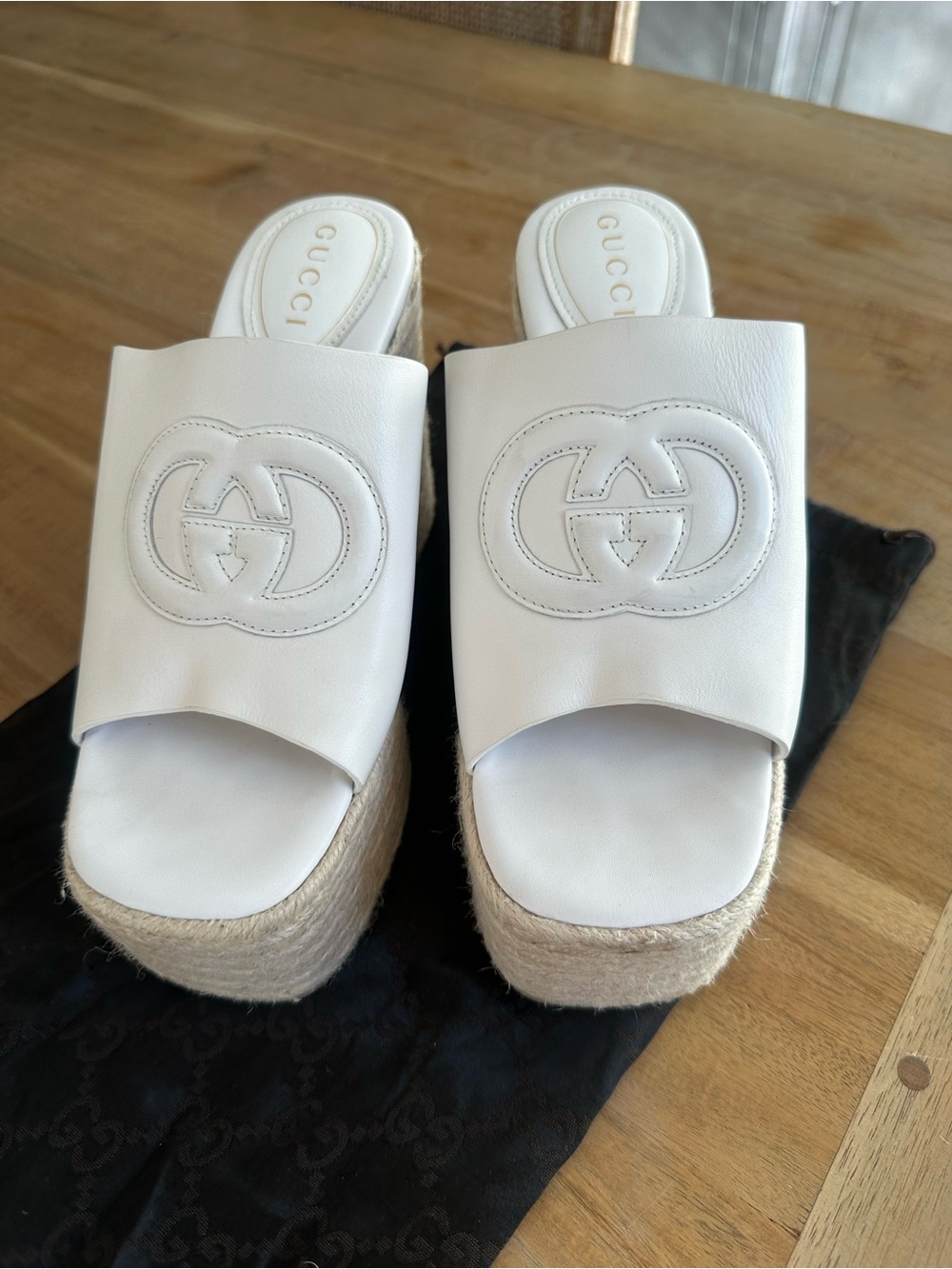 Gucci White Leather Platform Espadrille Slide with Interlocking G